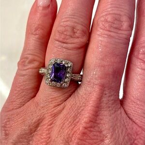 Elegant Purple Gemstone Ring with Silver Accents, Size 6. Rhodium Plated.